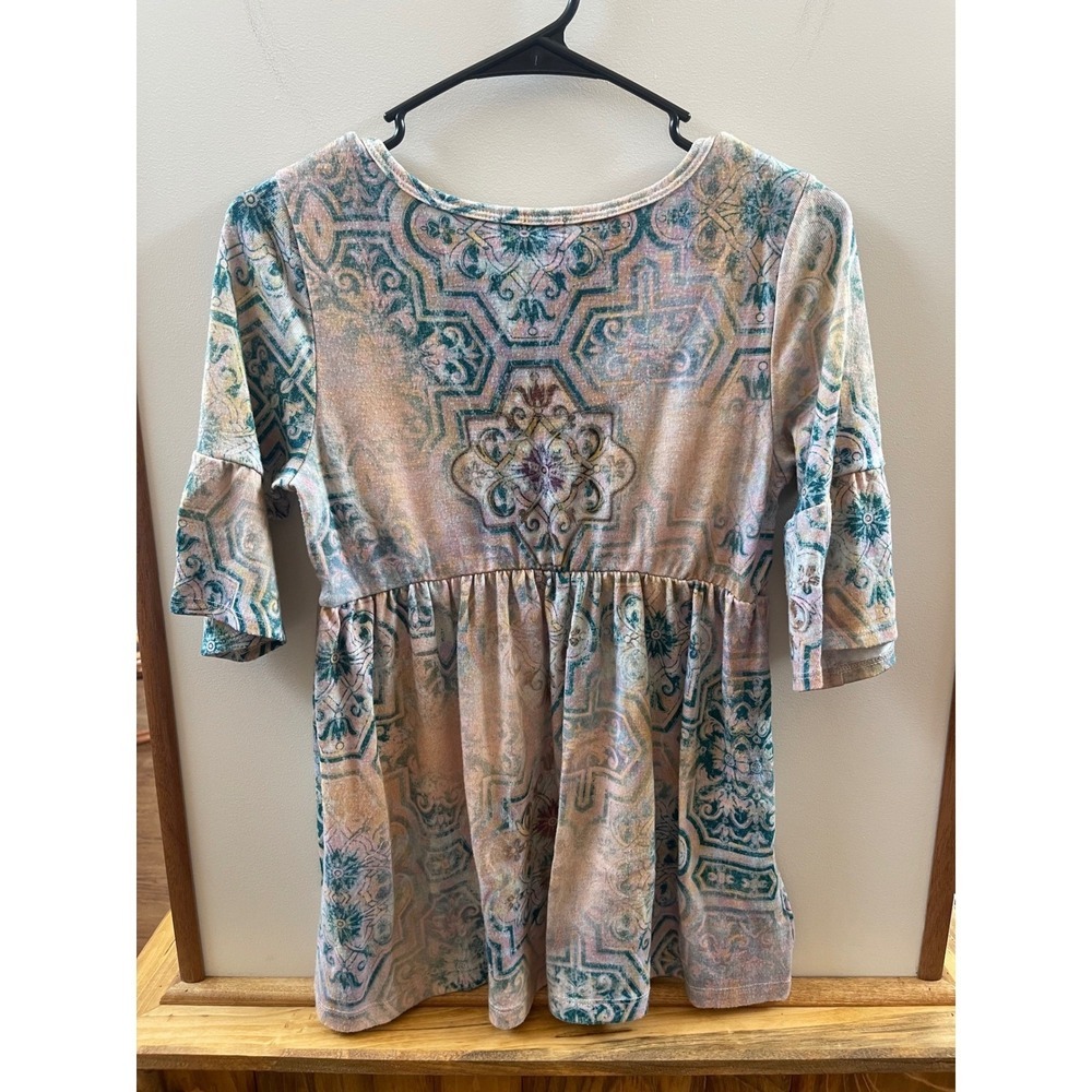 One World Tunic Top Women's Medium Multicolor Boho Empire Waist Bell Sleeve - Picture 4 of 5